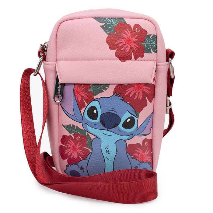 Disney: Lilo and Stitch Crossbody Bag - Stitch Sweet Smiling Pose Hibiscus Flowers Pinks - Bubblegum Divas