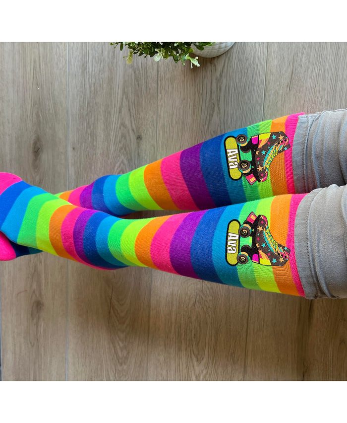 Personalized Girl's Rainbow Roller Skate Socks Foxy