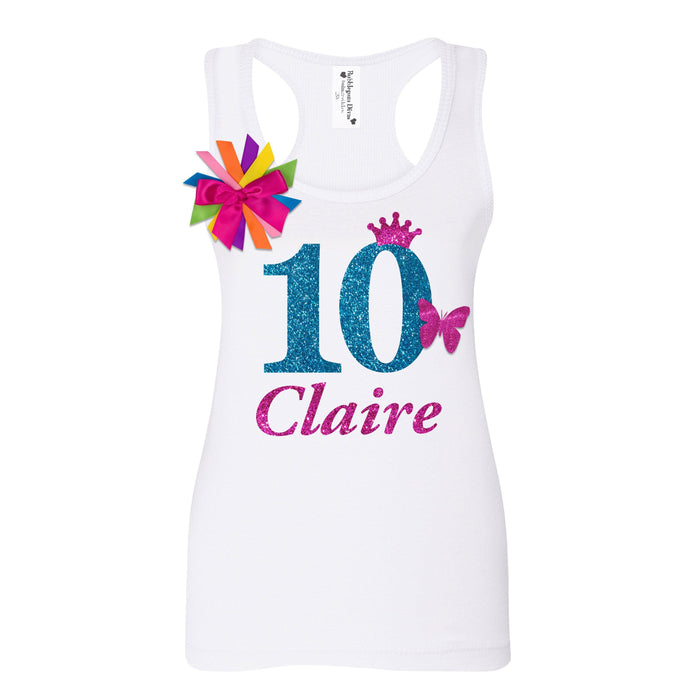 Glittery Pink Butterfly 10th Birthday Tank Top Shirt for Girls - Bubblegum Divas