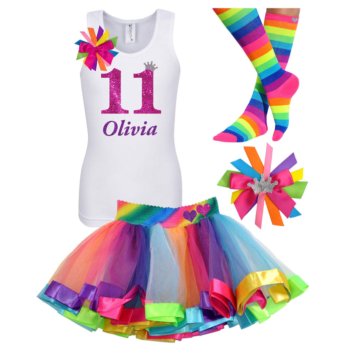 11th Birthday Girl - Pink Shirt Rainbow Tutu Outfit - Bubblegum Divas Store