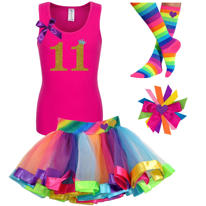 11th Birthday Girl - Pink Shirt Rainbow Tutu Outfit - Bubblegum Divas Store