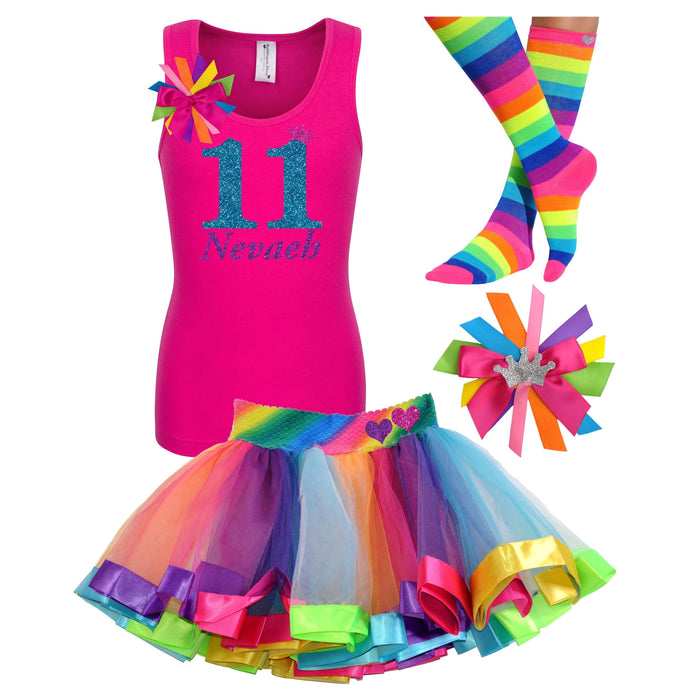 11th Birthday Girl - White Shirt Rainbow Tutu Outfit - Bubblegum Divas Store