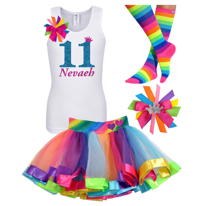 11th Birthday Girl - White Shirt Rainbow Tutu Outfit - Bubblegum Divas Store