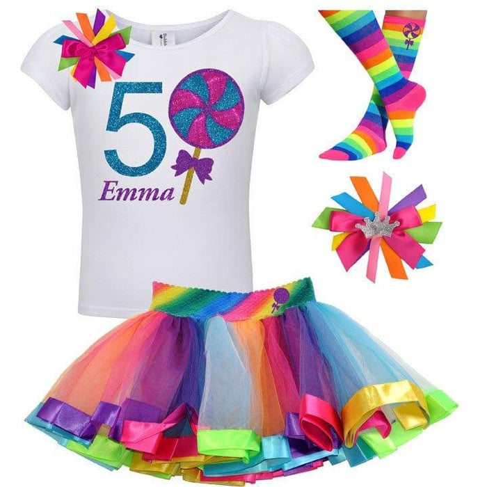 Girls 5th Birthday Lollipop Shirt & Rainbow Tutu Skirt - Bubblegum Divas 