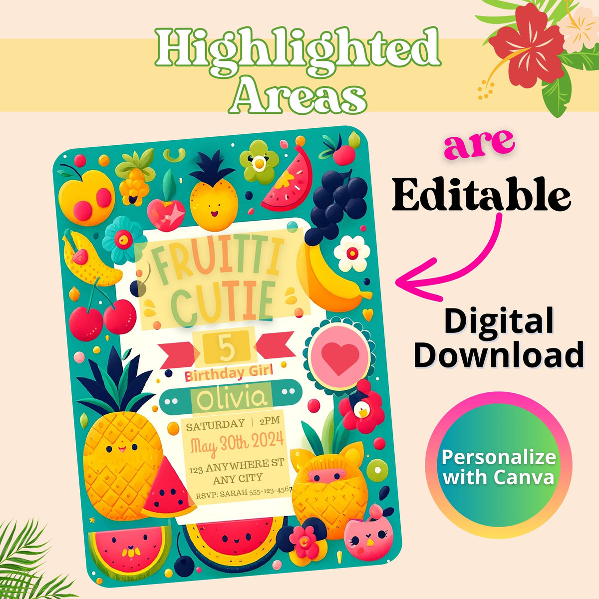 Editable Digital Cutie Fruitti Party Invitation Instant Download