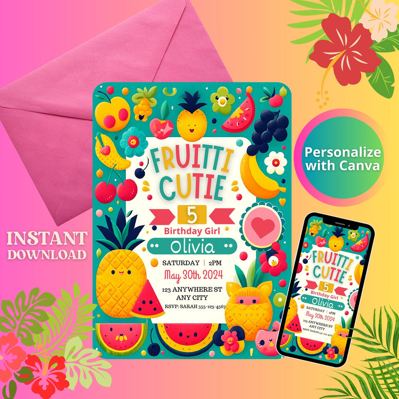 Editable Digital Cutie Fruitti Party Invitation Instant Download