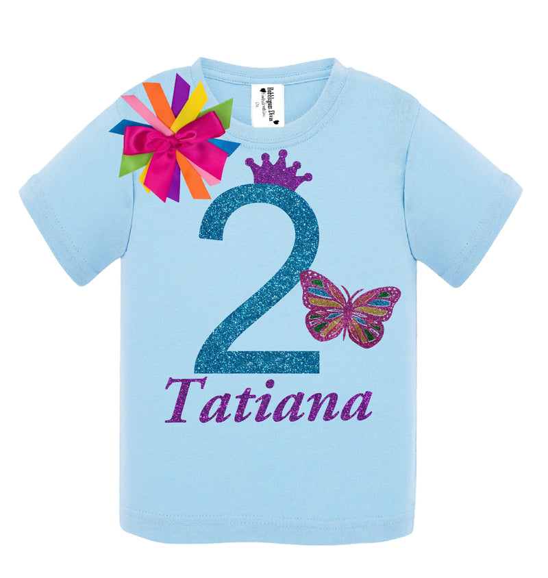 Toddler Girls Butterfly 2nd Birthday Outfit Blue Glitter Rainbow Tutu - Bubblegum Divas 
