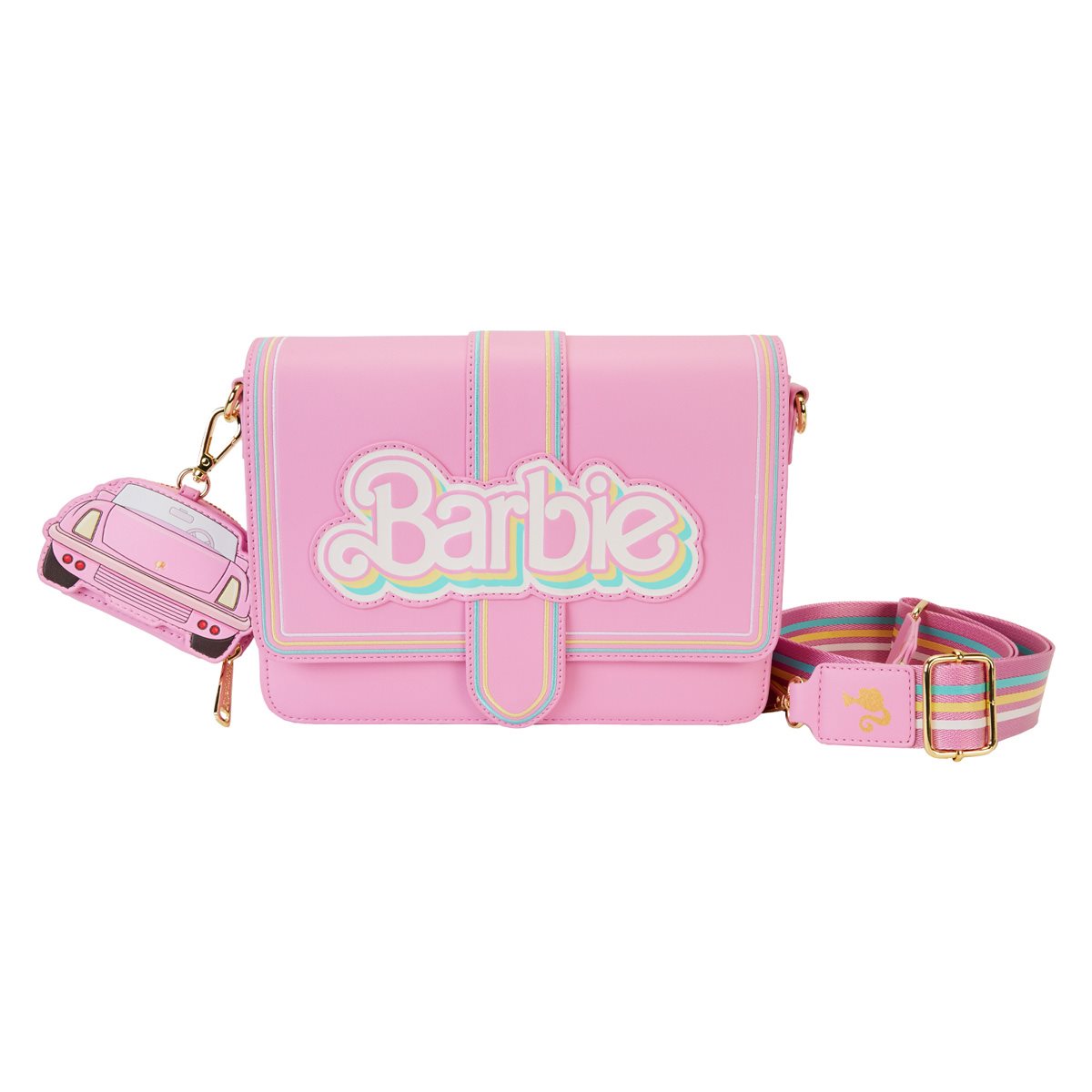 Barbie Pink crossbody bag with car accessory front view