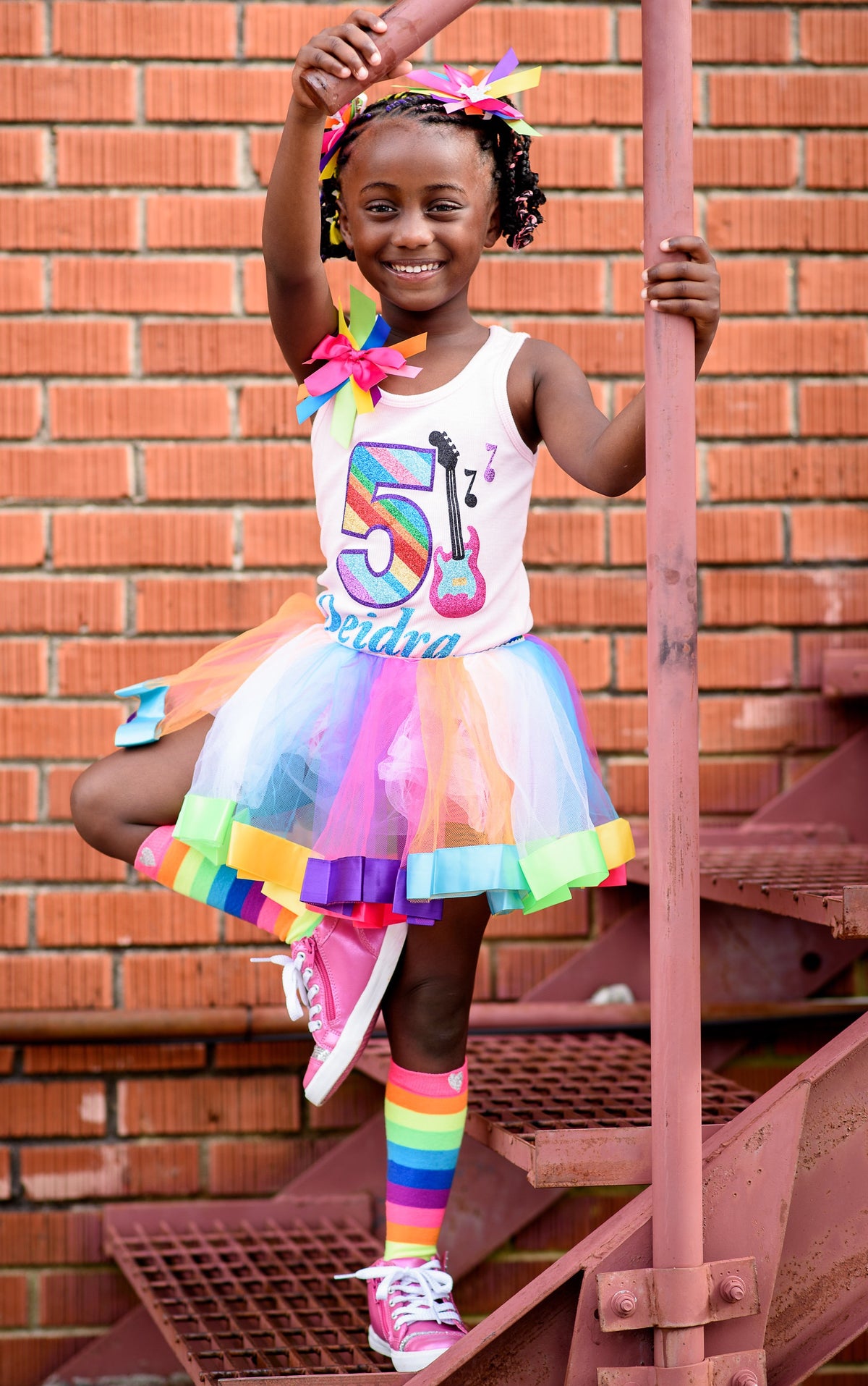 Bubblegum Divas 5th Birthday Outfit Little Girl wearing rainbow number 5 pink shirt rainbow tutu
