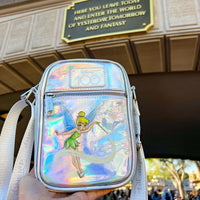 Holding up Disney Tinker Bell Iridescent Holographic Purse Bag at Disneyworld