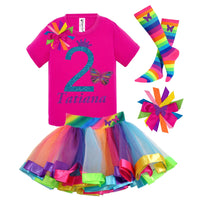Toddler Girls Butterfly 2nd Birthday Outfit Blue Glitter Rainbow Tutu - Bubblegum Divas 