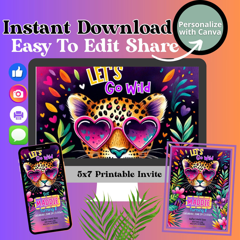 Editable Digital Go Wild Party Invitation Instant Download