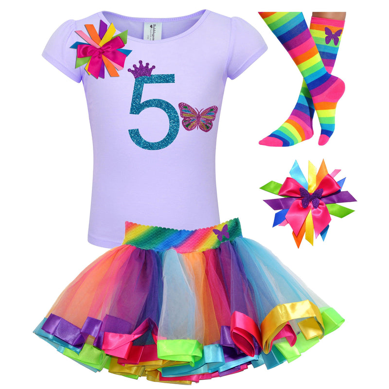 Girls 5th Birthday Shirt with Glitter Rainbow Butterfly