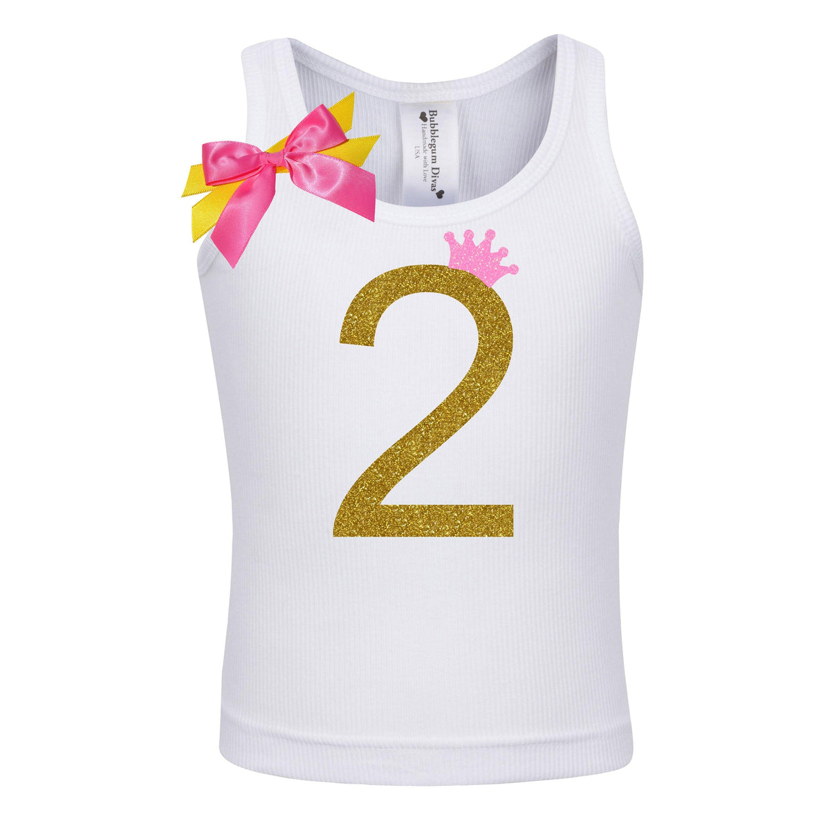 Toddler Girls 2nd Birthday Shirt - Gold Glitter with Neon Pink Crown - Bubblegum Divas 