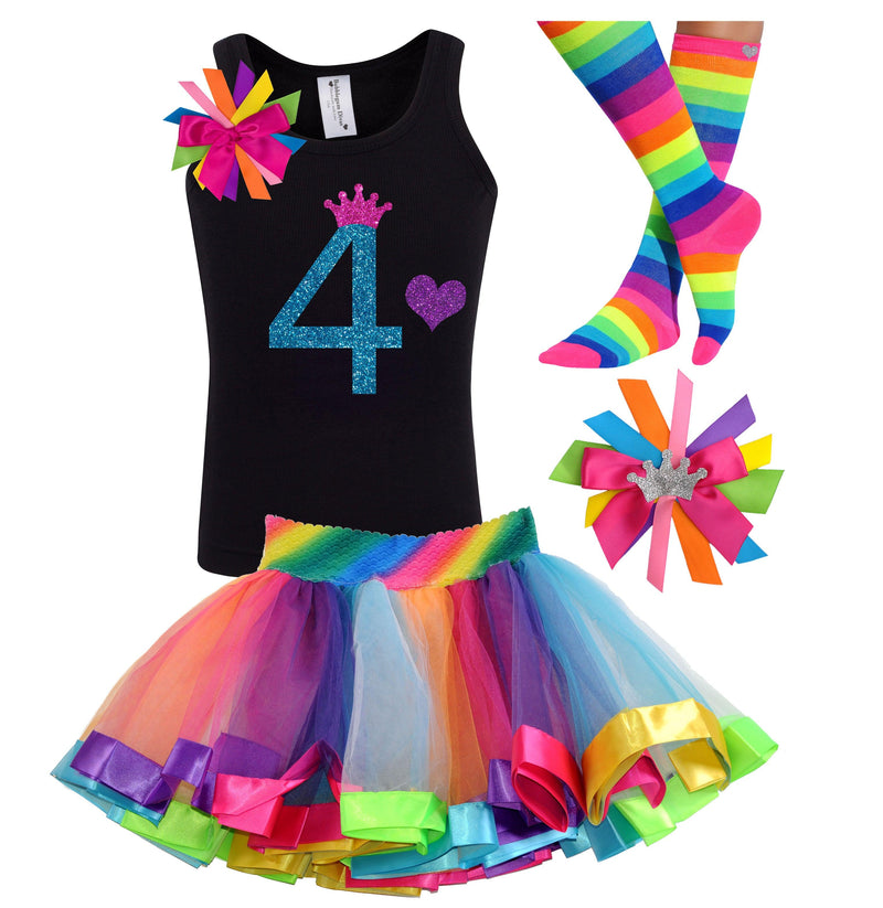 Girls 4th Birthday Princess Outfit - Blue No. 4, Pink Crown & Rainbow Bows - Bubblegum Divas 