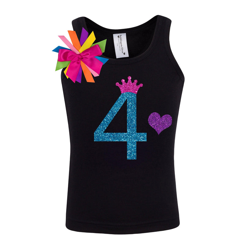Girls 4th Birthday Princess Outfit - Blue No. 4, Pink Crown & Rainbow Bows - Bubblegum Divas 