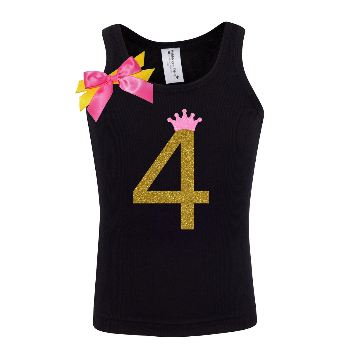 Girls 4th Birthday Gold Number 4 Shirt - Neon Pink Crown & Ribbon Bows - Bubblegum Divas 
