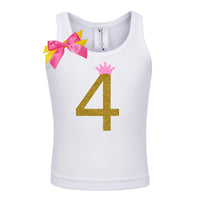 Girls 4th Birthday Gold Number 4 Shirt - Neon Pink Crown & Ribbon Bows - Bubblegum Divas 