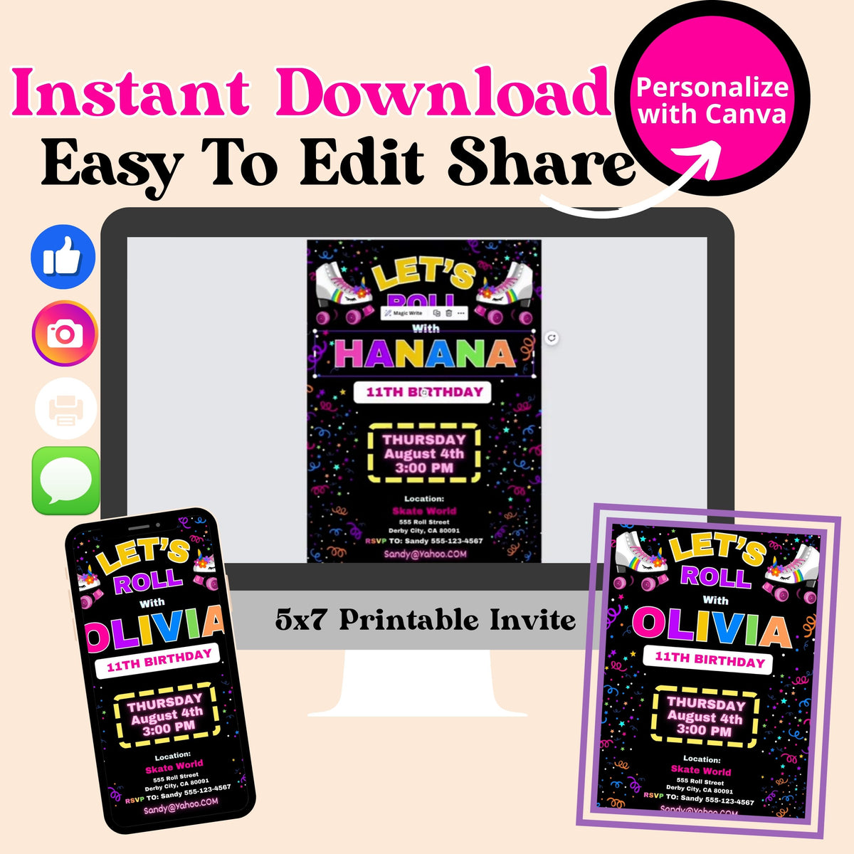 Editable Digital Princess Roller Skate Party Invitation Download
