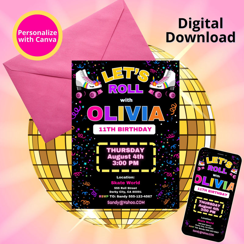 Editable Digital Princess Roller Skate Party Invitation Download
