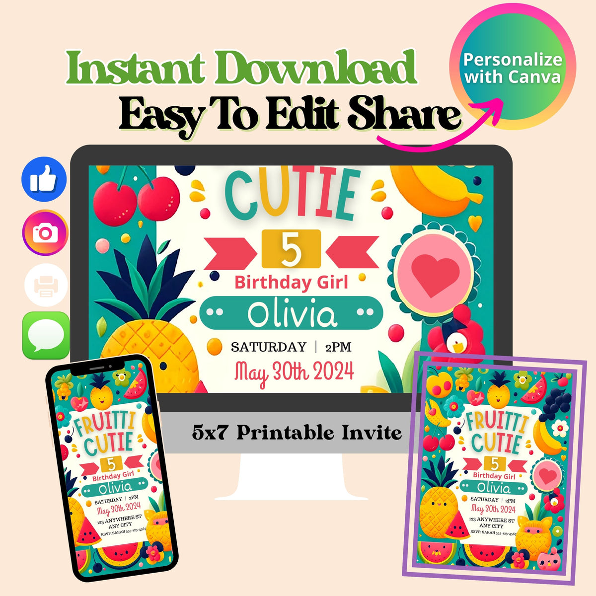 Editable Digital Cutie Fruitti Party Invitation Instant Download