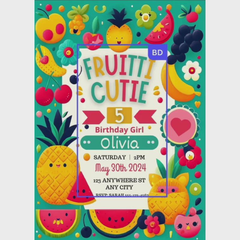 Editable Digital Cutie Fruitti Party Invitation Instant Download