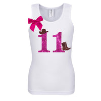 Cowgirl Boots Birthday Shirt with Bling Glitter Number Eleven - Bubblegum Divas 