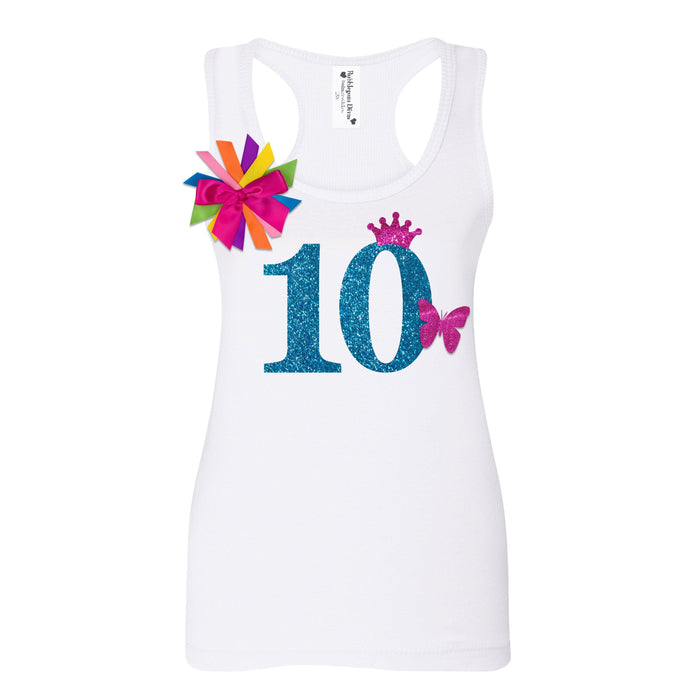 Glittery Pink Butterfly 10th Birthday Tank Top Shirt for Girls
