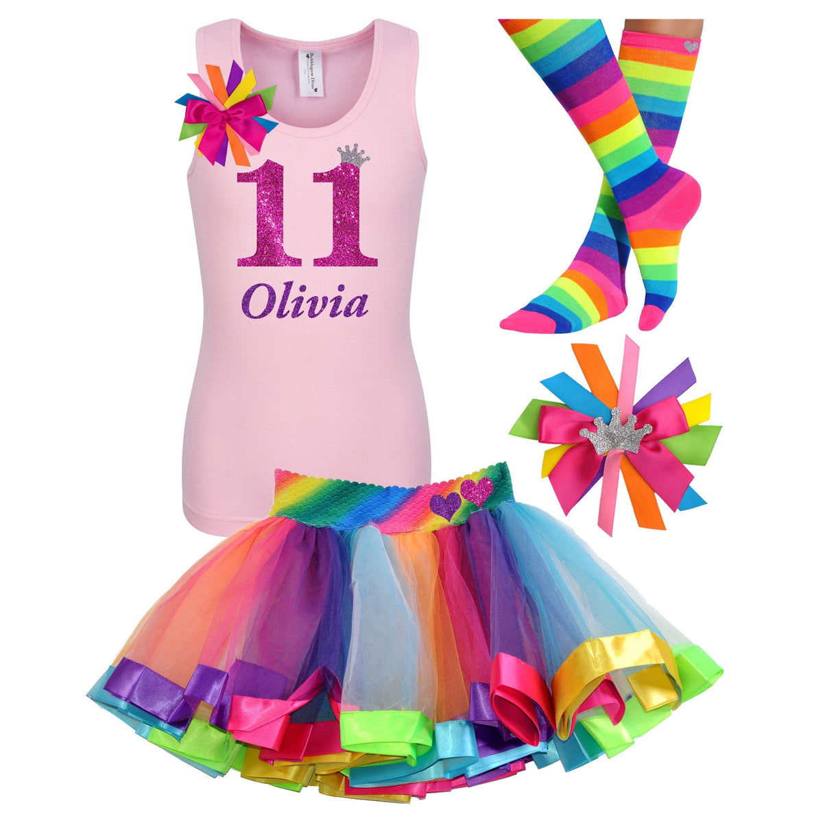 11th Birthday Girl - Pink Shirt Rainbow Tutu Outfit - Bubblegum Divas Store