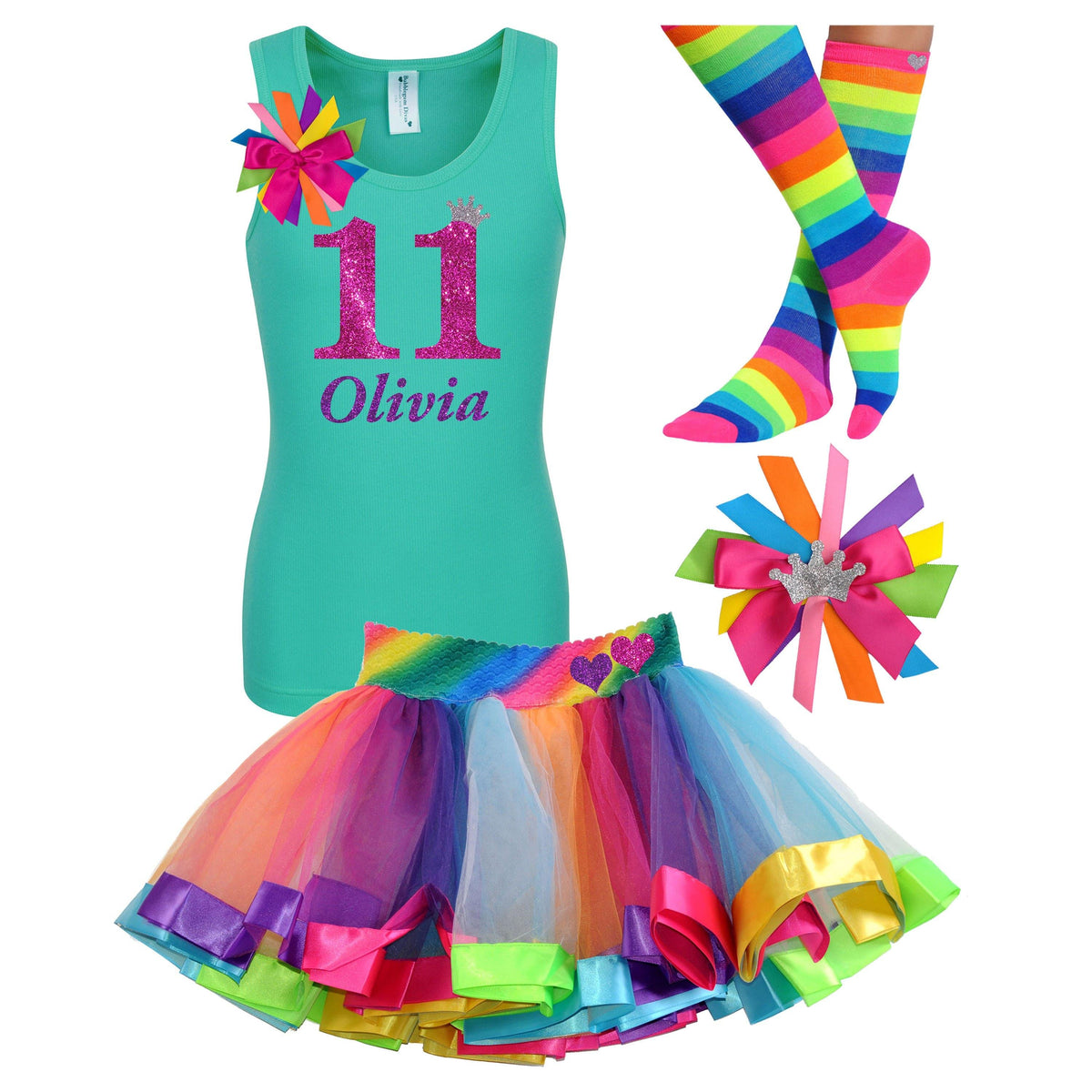 11th Birthday Girl - Pink Shirt Rainbow Tutu Outfit - Bubblegum Divas Store