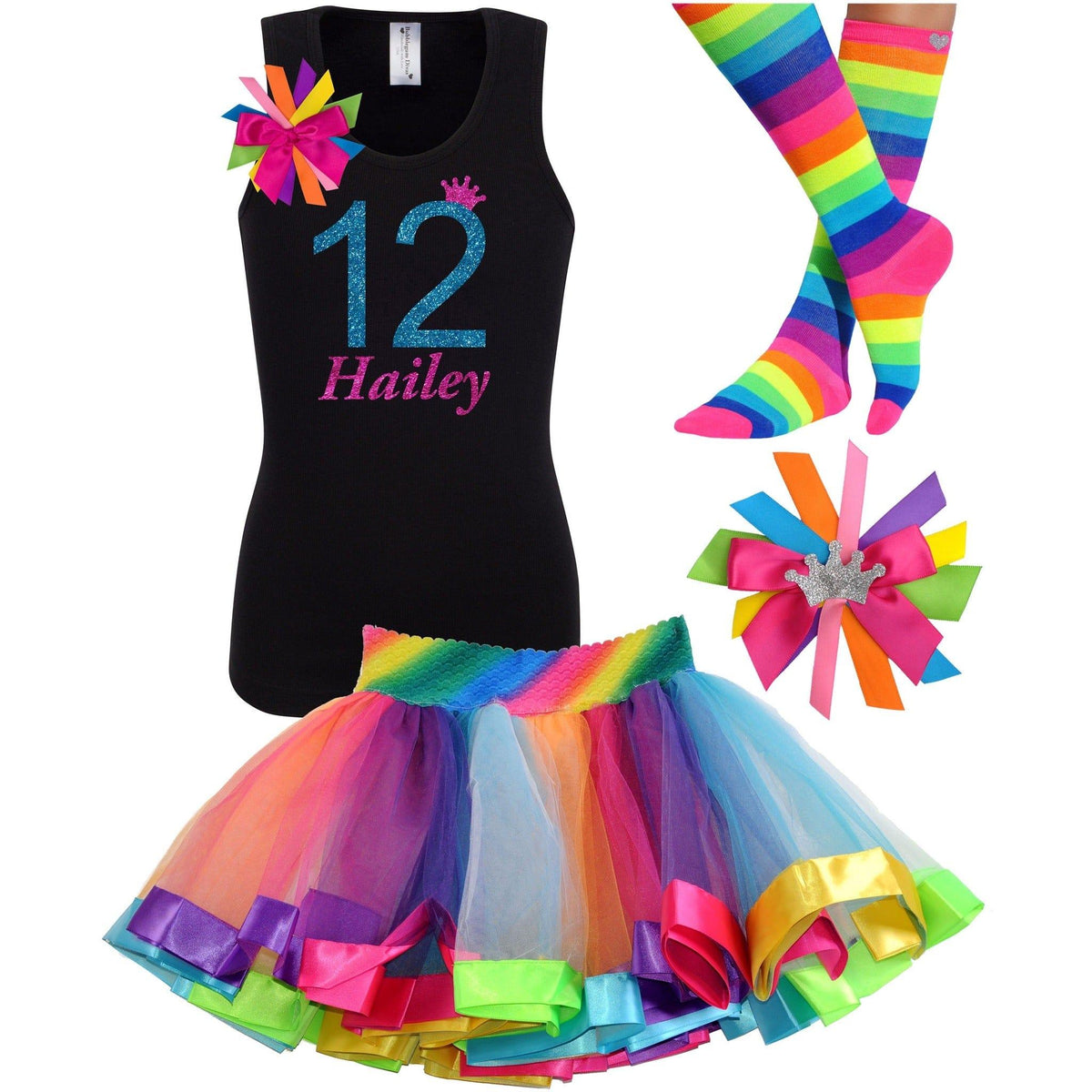 Bubblegum Divas Girls 12th Birthday Outfit | Rainbow Tutu & Socks | Blue Cherry