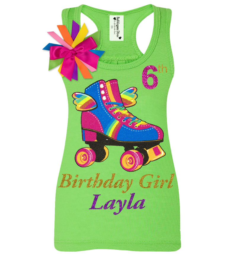 Girls Birthday Roller Skate Graphic Racerback Tank Top Happy Wings - Green
