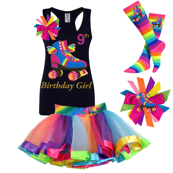 black tank top birthday shirt , rainbow tutu skater skirt, rainbow knee high socks, roller skate hair bow