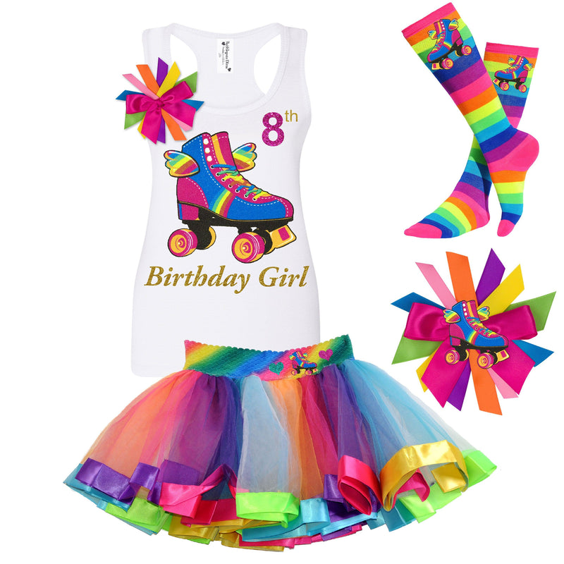 White tank top birthday shirt , rainbow tutu skater skirt, rainbow knee high socks, roller skate hair bow
