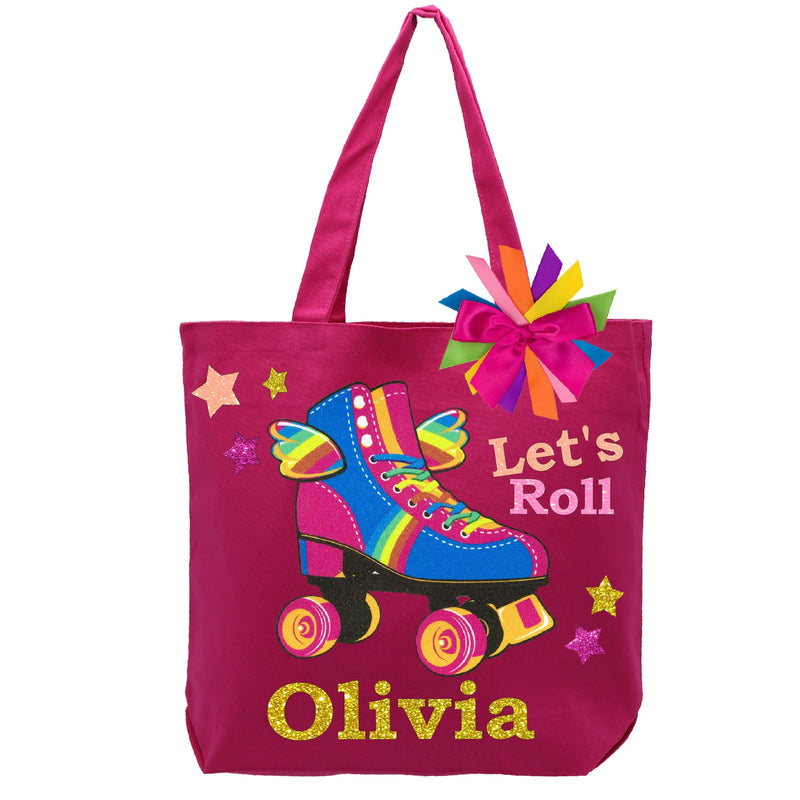 happy wings roller skate tote bag saying Let's Roll with stripes, stars, and rainbow bow. Personalized name Olivia
