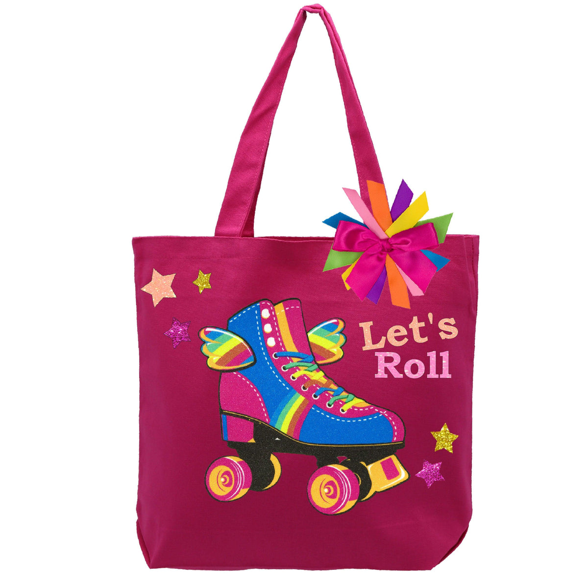 happy wings roller skate tote bag saying Let's Roll with stripes, stars, and rainbow bow
