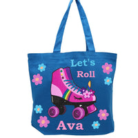 Blue Roller skate Tote bag, glitter flowers, unicorn Roller Skate, Let's Roll Pinkie Skate Personalized Name Ava
