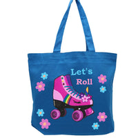Blue Roller skate Tote bag, glitter flowers, unicorn Roller Skate, Let's Roll Pinkie Skate 