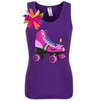 Purple tank top shirt with pink unicorn roller skate and birthday girl ribbons attached to shirt