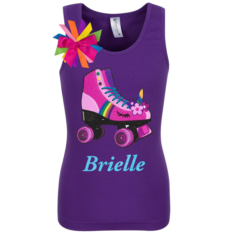 Purple tank top shirt with personalized name, pink unicorn roller skate and birthday girl ribbons attached to shirt