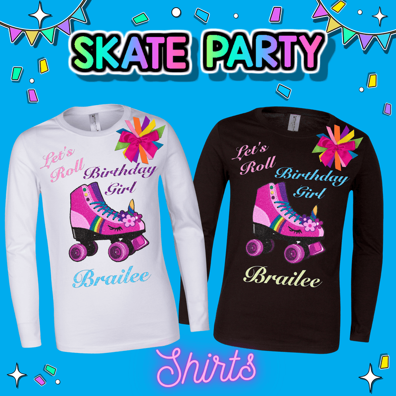  Long Sleeve white shirt and Black Shirt with personalized name pink unicorn roller derby roller skate with the words Let's Roll birthday girl