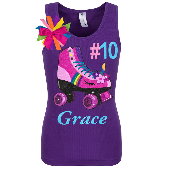 Purple tank top shirt with personalized name, pink unicorn roller skate number 10 and birthday girl ribbons attached to shirt