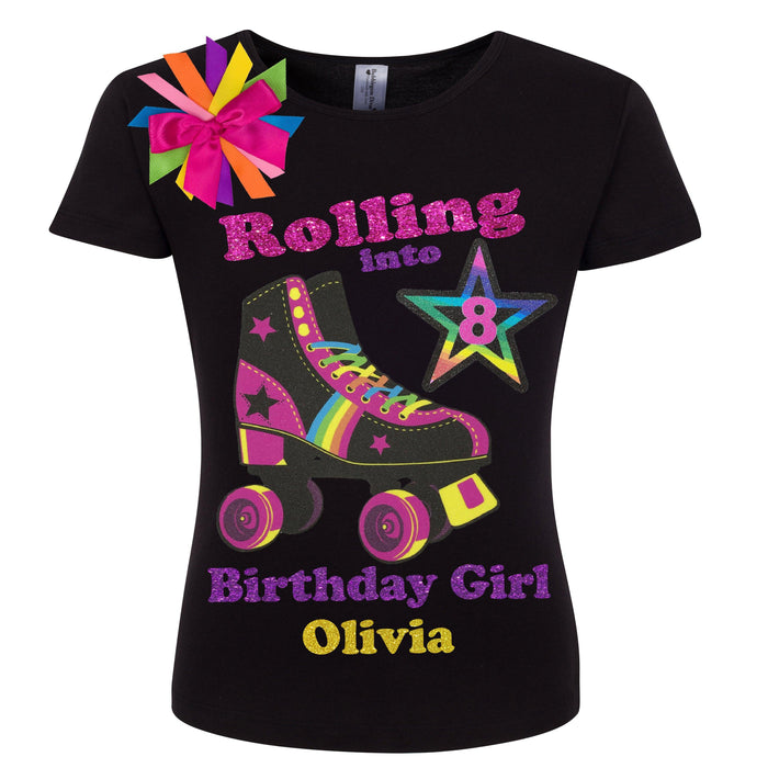 Girls Birthday Shirt Black Roller Skate Graphic Tee Shirt Personalized 