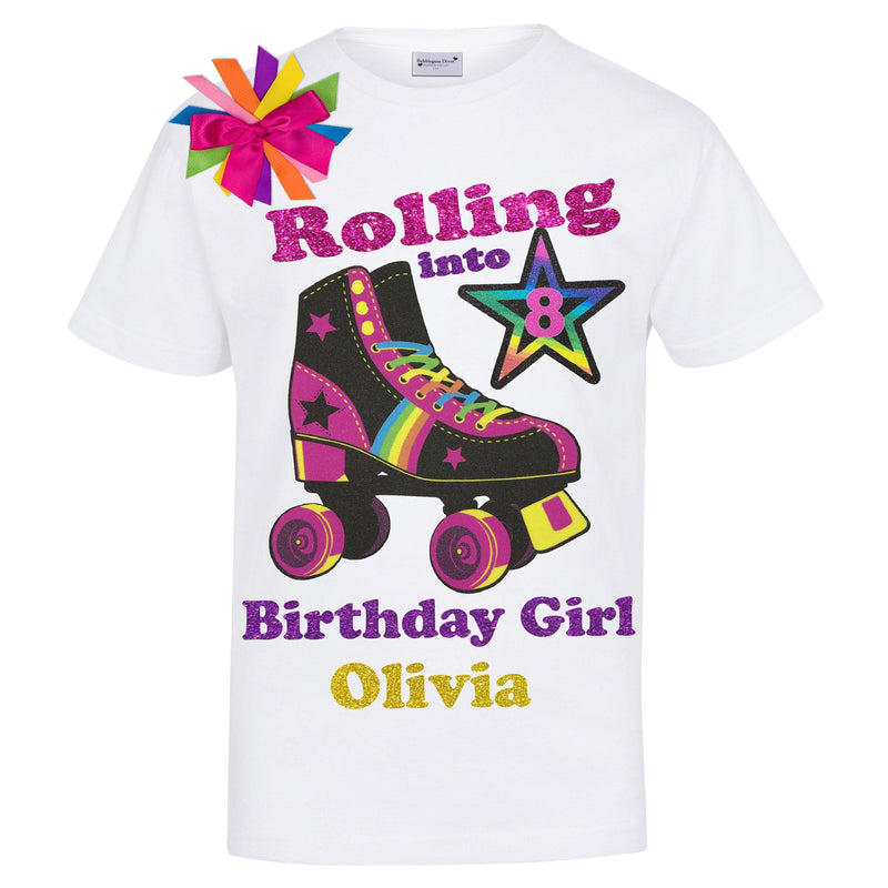 Girls Birthday Shirt White Roller Skate Graphic Tee Shirt Personalized 