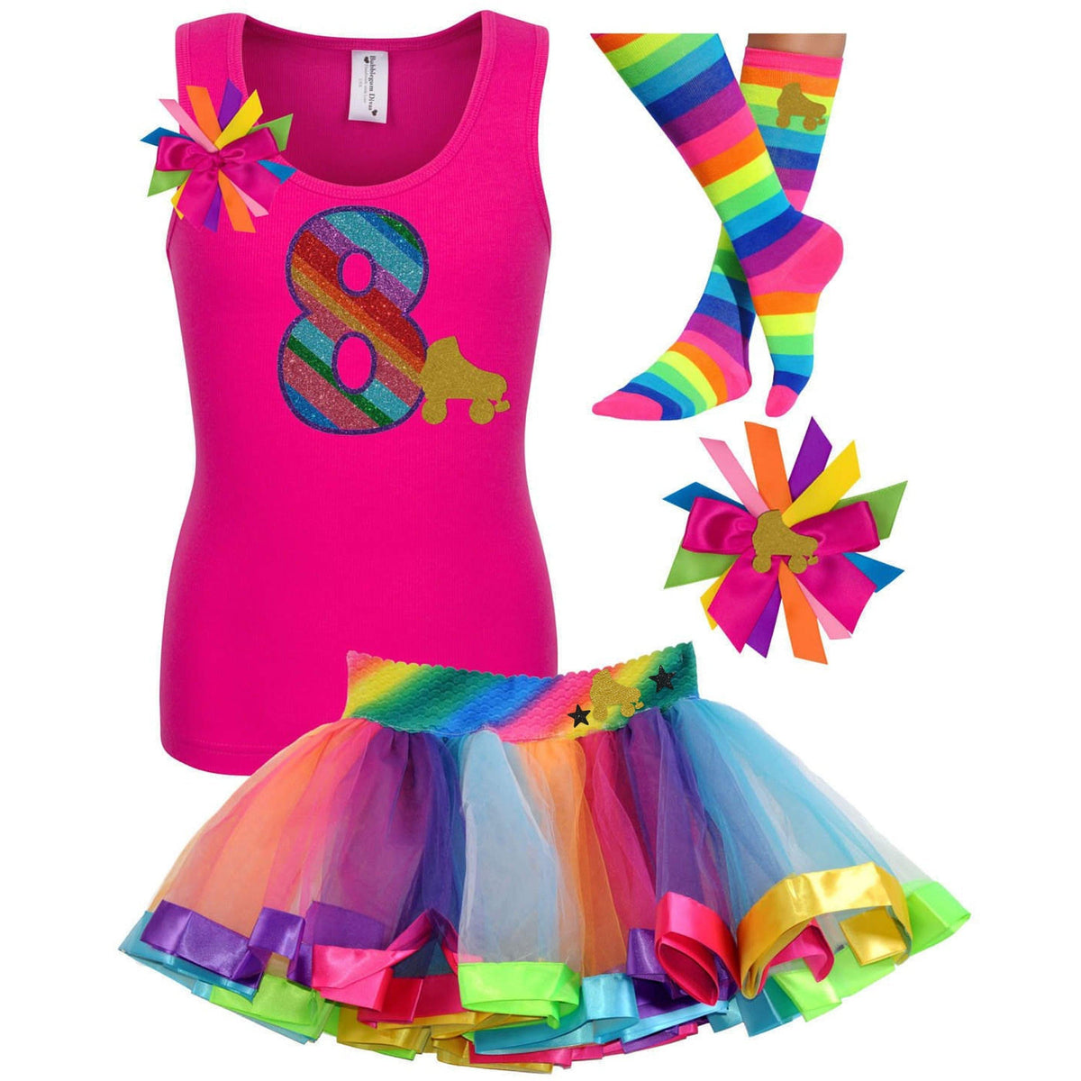 8th Birthday Roller Skate Party Outfit Pink Rainbow Lighting - Bubblegum Divas Store