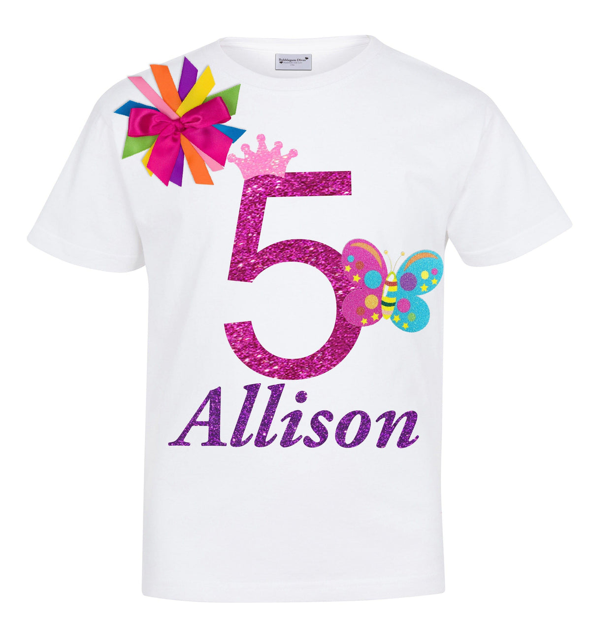 White 5th Birthday Butterfly Shirt Personalized 5