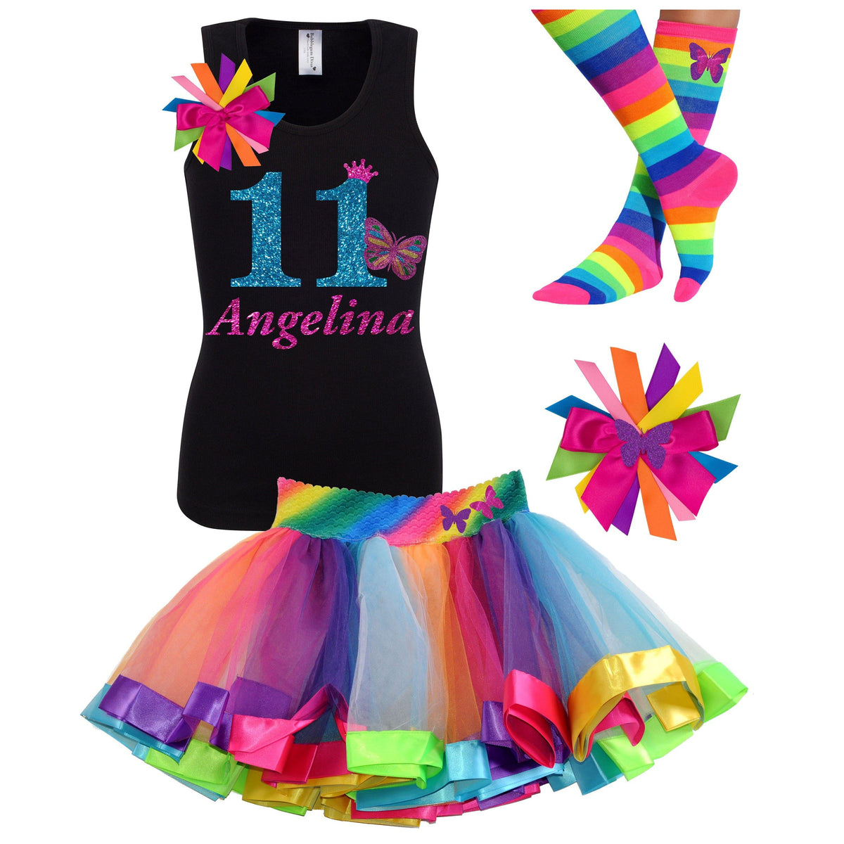 11th Birthday Outfit - Butterfly Shirt - Rainbow Tutu Outfit - Bubblegum Divas Store