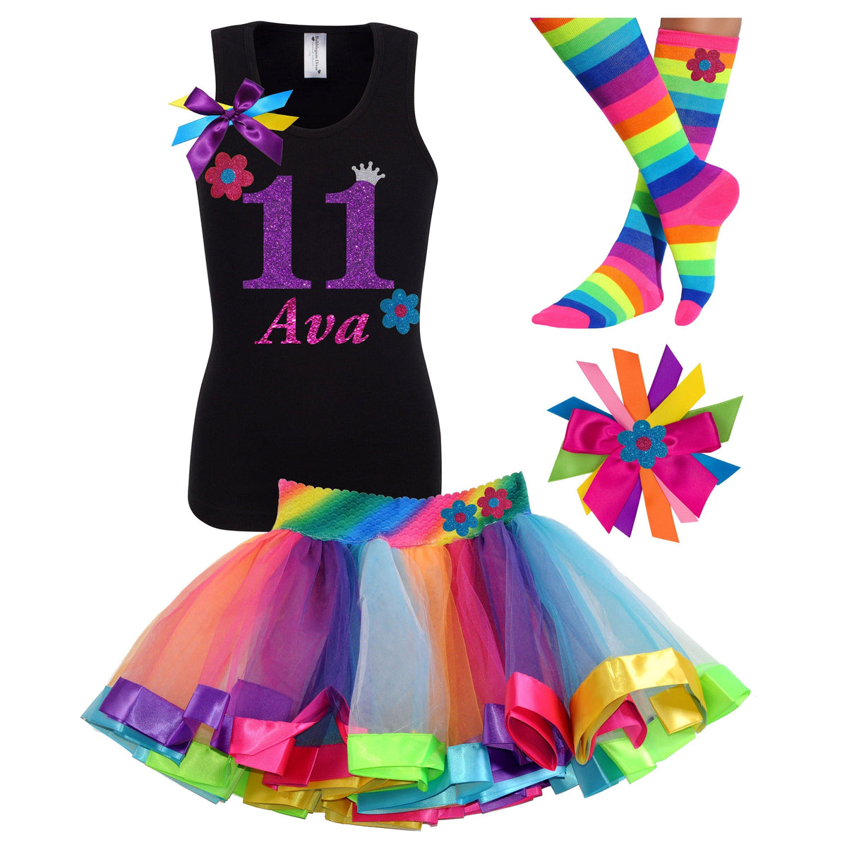 11th Birthday Outfit - Flower Shirt - Rainbow Tutu Outfit - Bubblegum Divas Store