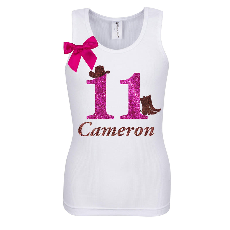Cowgirl Boots Birthday Shirt with Bling Glitter Number Eleven - Bubblegum Divas 