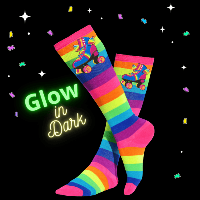 Happy Wings Roller Skate Socks Neon Rainbow Stripes Glow in Dark